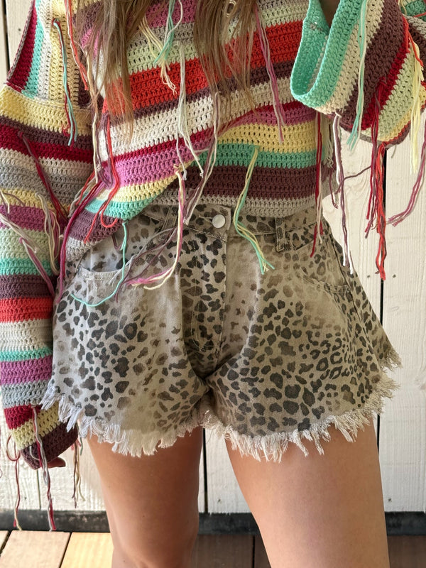 Guusje denim shorts leopard gerafeld beige