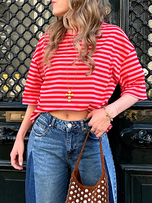 Loes t-shirt met strepen roze rood