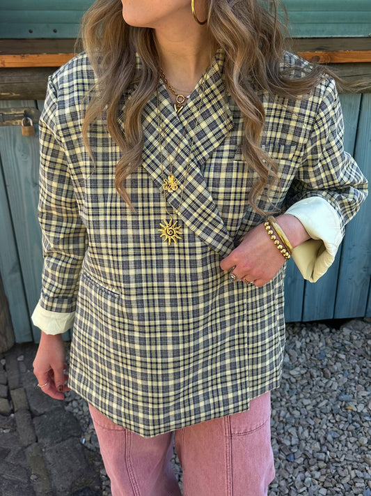 Boxy oversized blazer checkered blue yellow