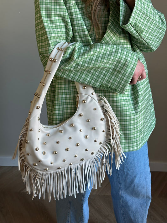 Luna schoudertas met franjes en studs beige