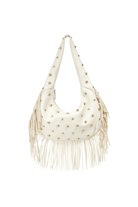 Luna schoudertas met franjes en studs beige